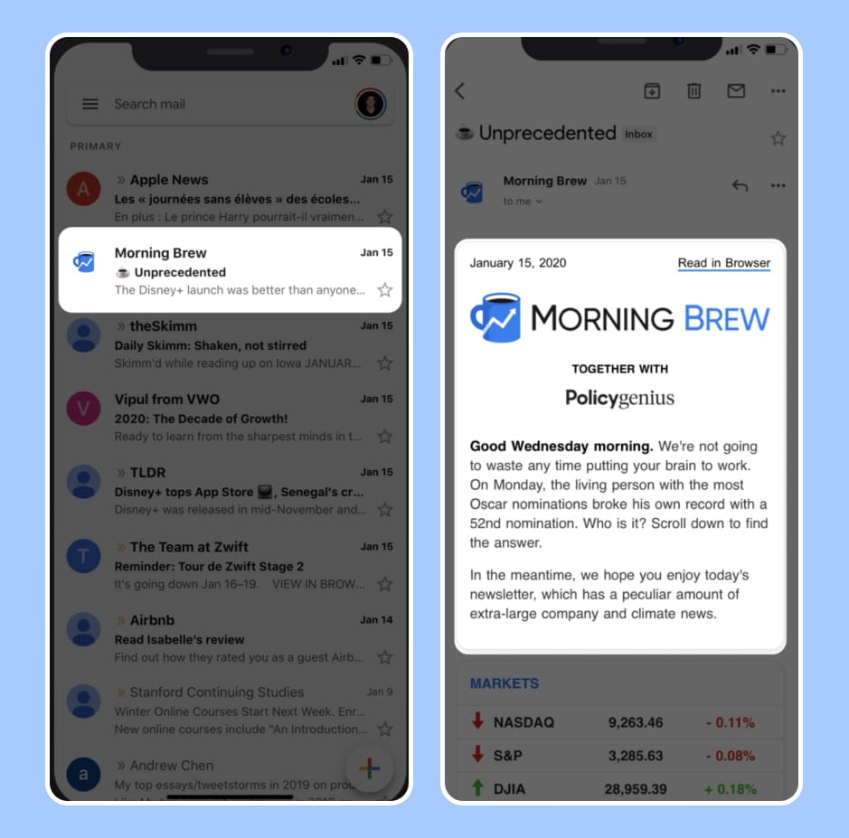 Left is the inbox preview of the Morning brews' newsletter. Right is the intro email. Use of Friendly & casual Tone. Open loops.  tone